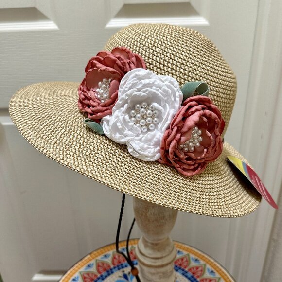 Elegant Women\'s Tweed Sun Hat With Satin Flowers And Pearls Wedding Tea Party main image 14